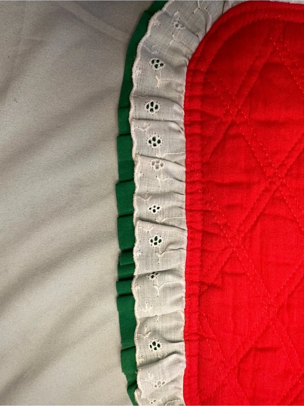 3 Handcrafted Vintage Quilted Red Placemat with White Eyelet Lace and Green Trim